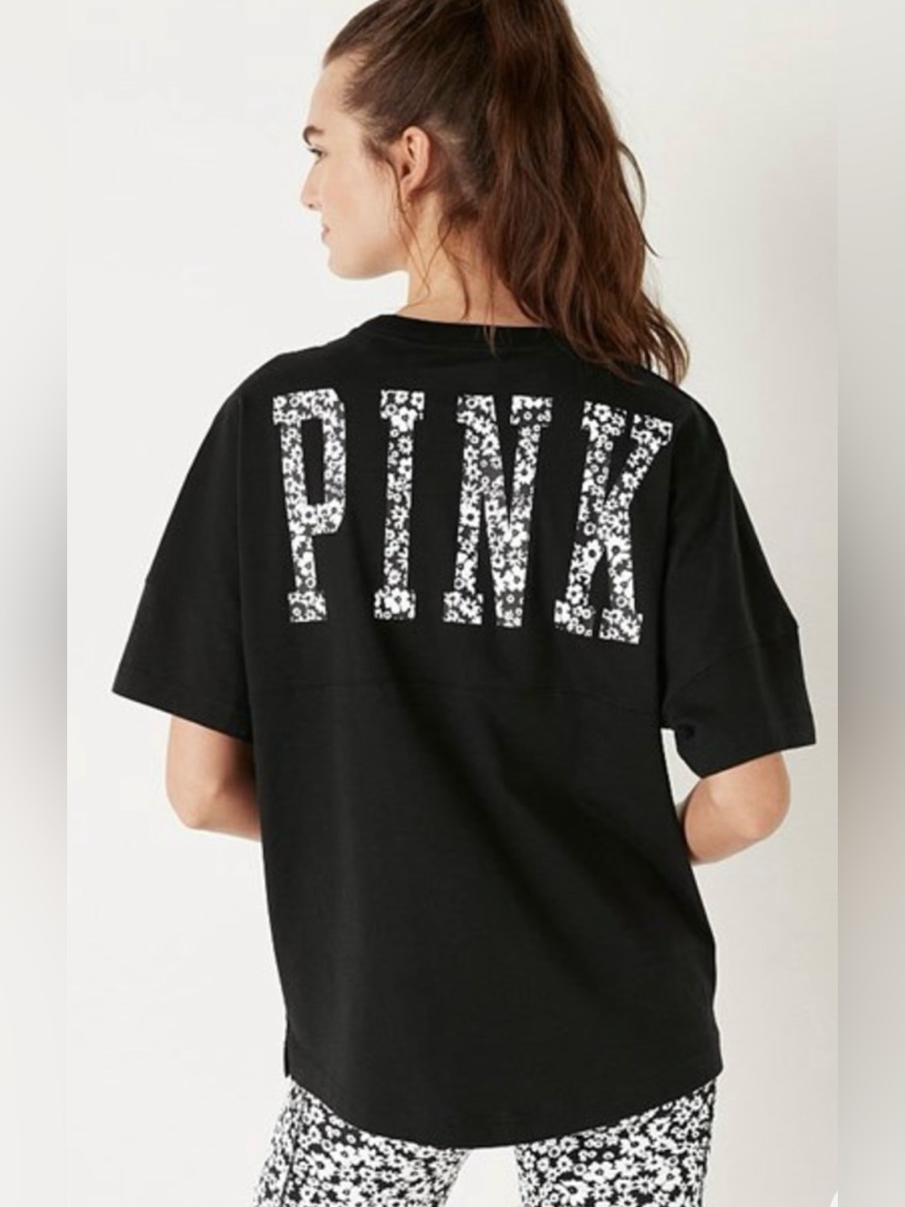 Women’s Victorias Secret PINK Black Flowers Varsity Short Sleeve Top XL